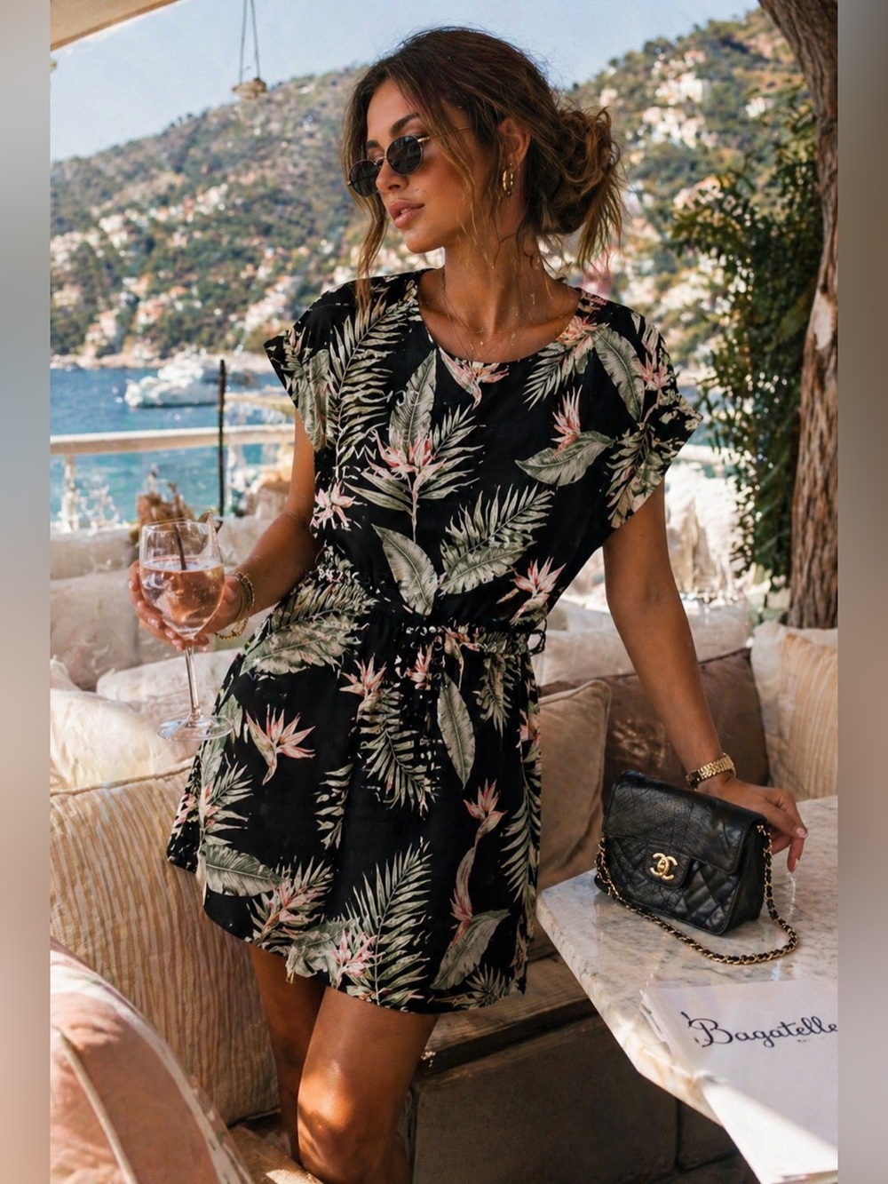 Vero Moda Tropical Print Tie Waist Dress Size Large | Resort Vacation Mini